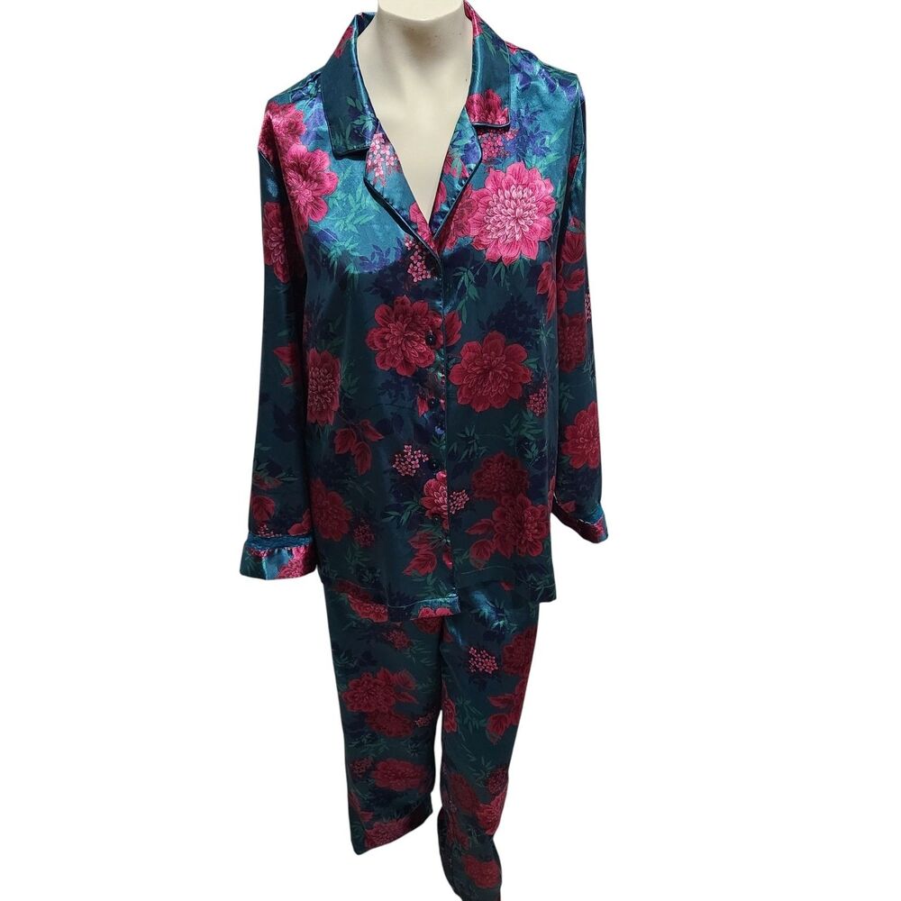 Thalia Sodi Floral Satin‎ Pajama Set Teal Pink Lounge XL 2PC